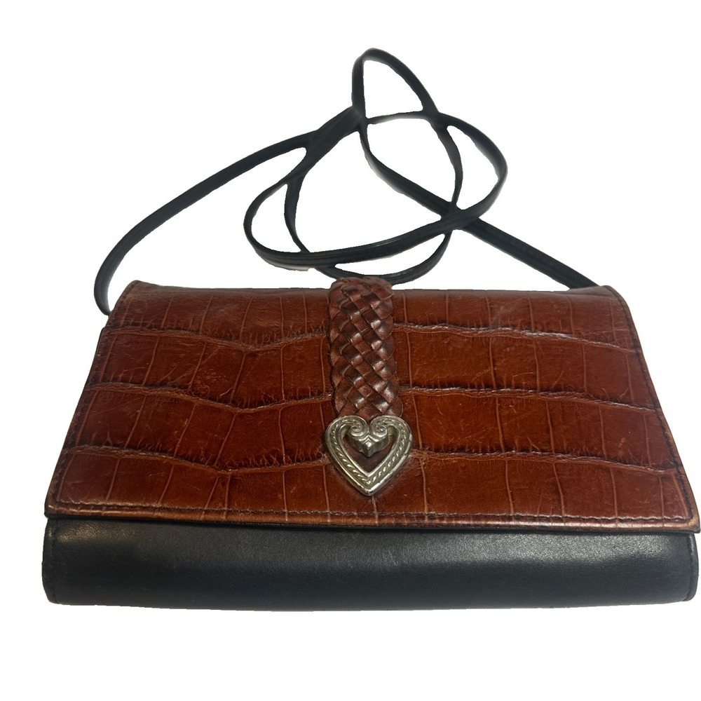 Brighton Crossbody Wallet Brown Croc Emboss Black Leather Trifold Clutch Heart